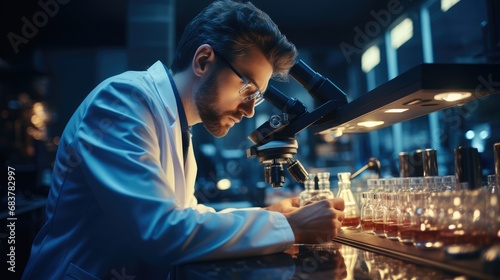 Scientist researcher using microscope in laboratory.
