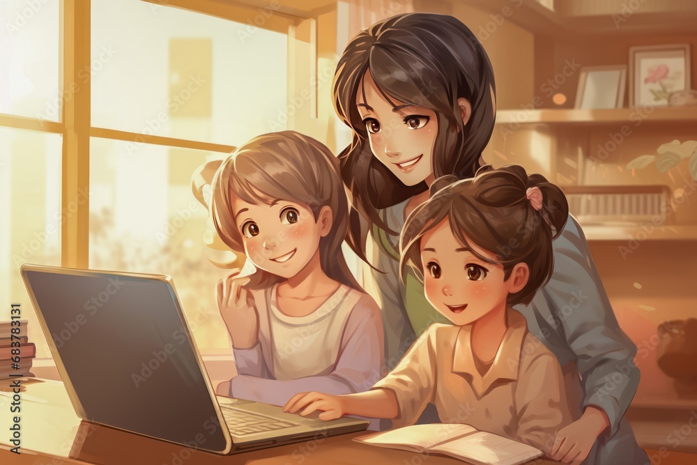 母と子供たちのデジタル学習風景 母と子供たちのデジタル学習風景