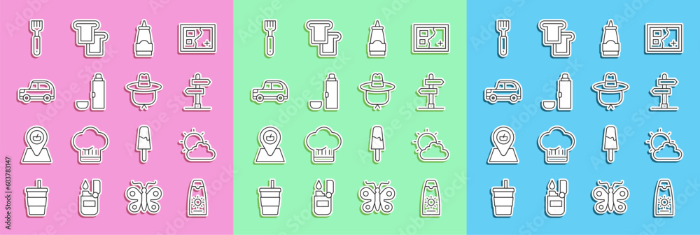 Set line Sunscreen cream in tube, and cloud weather, Road traffic sign, Sauce bottle, Thermos container, Car, Fork and Camping hat icon. Vector Set line Sunscreen cream in tube, and cloud weather, Road traffic sign, Sauce bottle, Thermos container, Car, Fork and Camping hat icon. Vector