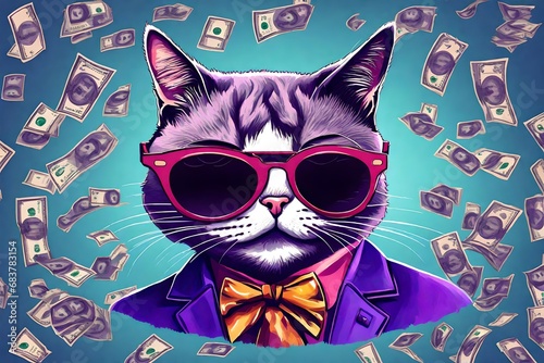 Cool rich successful hipster cat with cool sunglasses and cash money. purpul background.   photo