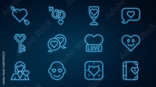 Set line Love diary, Heart, Glass of champagne, in speech bubble, Key heart shape, Amour with and arrow, and Gender icon. Vector
