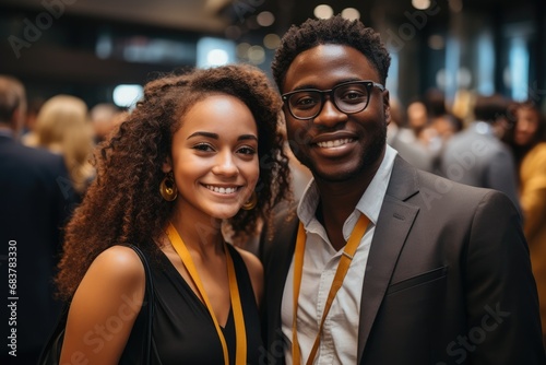 Young black professionals man and woman standing at a networking reception in business and gala event. photo