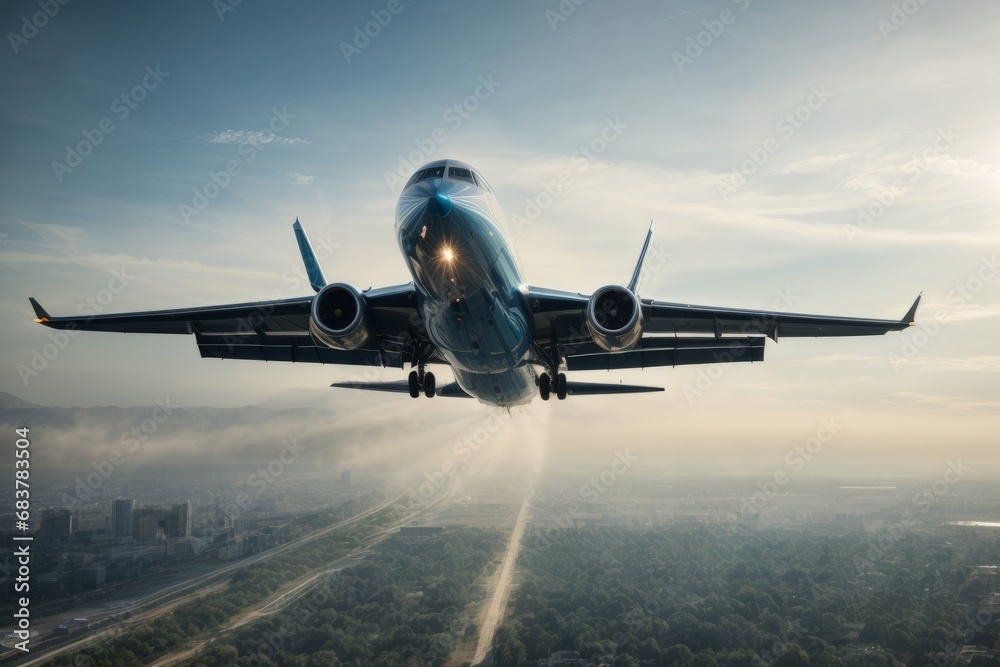 Bottom view of a flying plane against a background of blue sky and clouds. Bottom view of a flying plane against a background of blue sky and clouds.