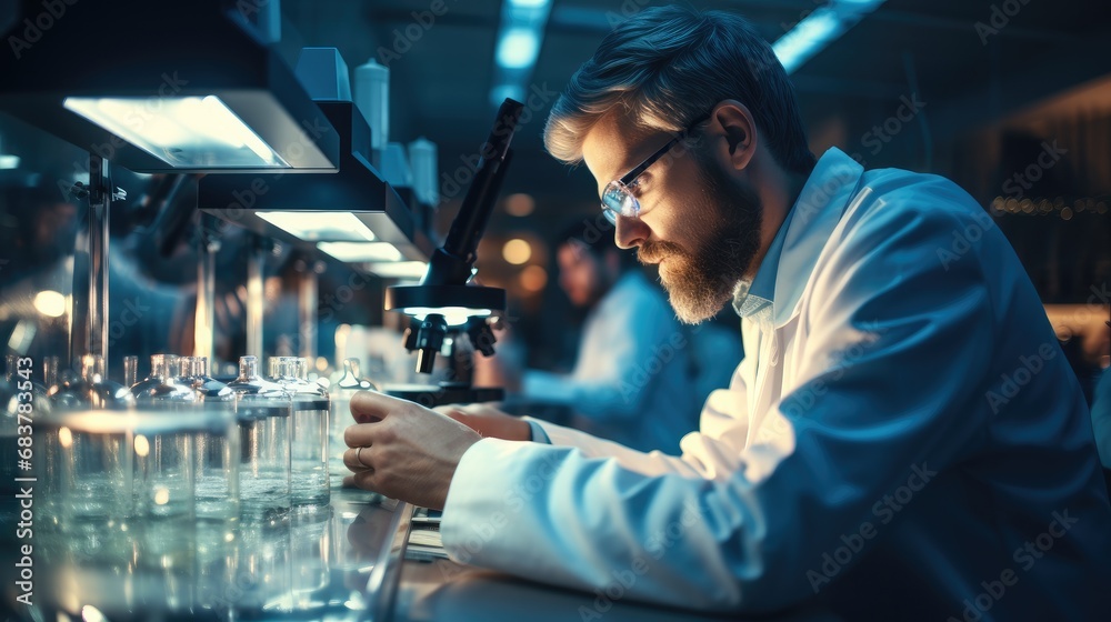 Scientist working in a modern laboratory, A biotech company is looking to explore new treatments for chronic diseases. Scientist working in a modern laboratory, A biotech company is looking to explore new treatments for chronic diseases.