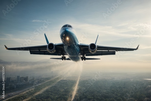 Bottom view of a flying plane against a background of blue sky and clouds.