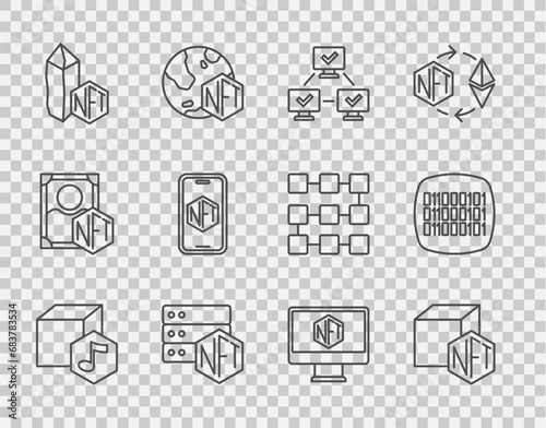 Set line NFT Digital crypto art, blockchain technology, Mobile with store app, Monitor and Binary code icon. Vector