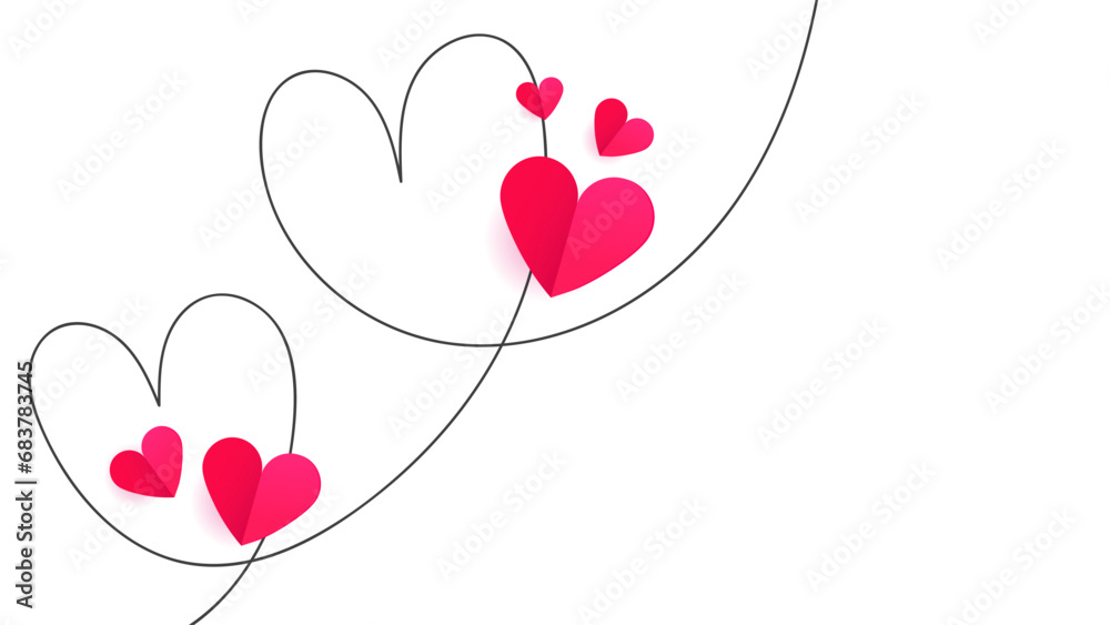 Minimalist Valentine's Day Vector illustration. Paper Style Hearts and Continuous Line heart Silhouettes. Trendy Illustration for Cards, Banners, and Decor. Modern Love Graphics isolated on white.