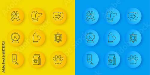 Set line Drinker for small pets, Hamster wheel, Cat, Paw print, Turtle, Pet award symbol, Aquarium with fish and Dog icon. Vector