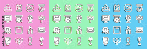 Set line Punching bag, Boxing ring, board, glove, gong, Sport and helmet icon. Vector