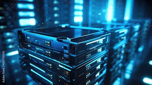 Tapety artystyczne Servers stack with hard drives in a datacenter for backup and data storage.