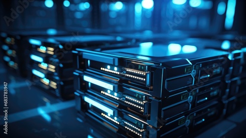 Plakat Servers stack with hard drives in a datacenter for backup and data storage.