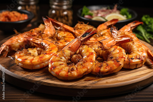 tiger or king prawns grilled on a wooden plate top view, grilled shrimp in a restaurant