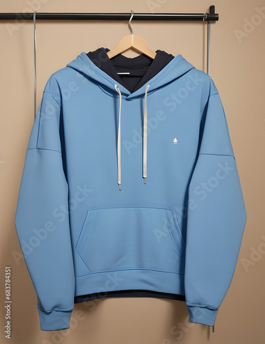 Blank blue hoodie mockup with a hanger on black background, generative ai