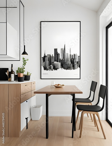 modern dining room, complete with a sleek wooden table and chairs with frame poster generative ai