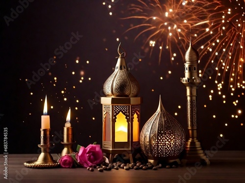 photo ramadan kareem eid mubarak royal elegant lamp with mosque holy gate with fireworks, generative ai