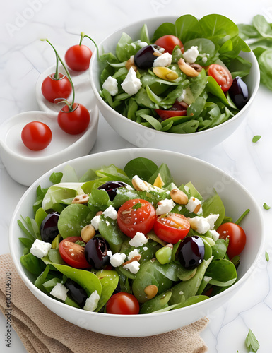 Porcelain bowl of fresh green salad with cherry tomatoes and olives on white background, generative ai
