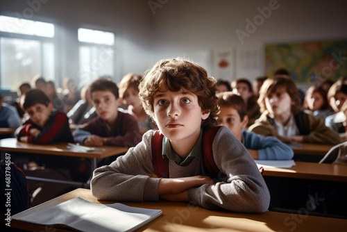 Young boy at school in a lesson class. Boy at the desk in a classroom. Boy smiling at school. Education. AI.​