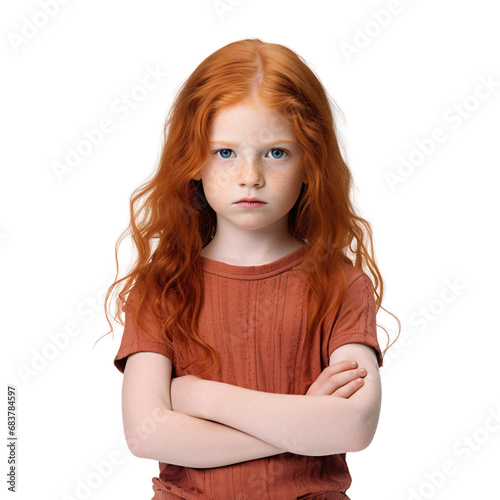Upset Little Ginger Girl with Crossed Arms - Transparent Background