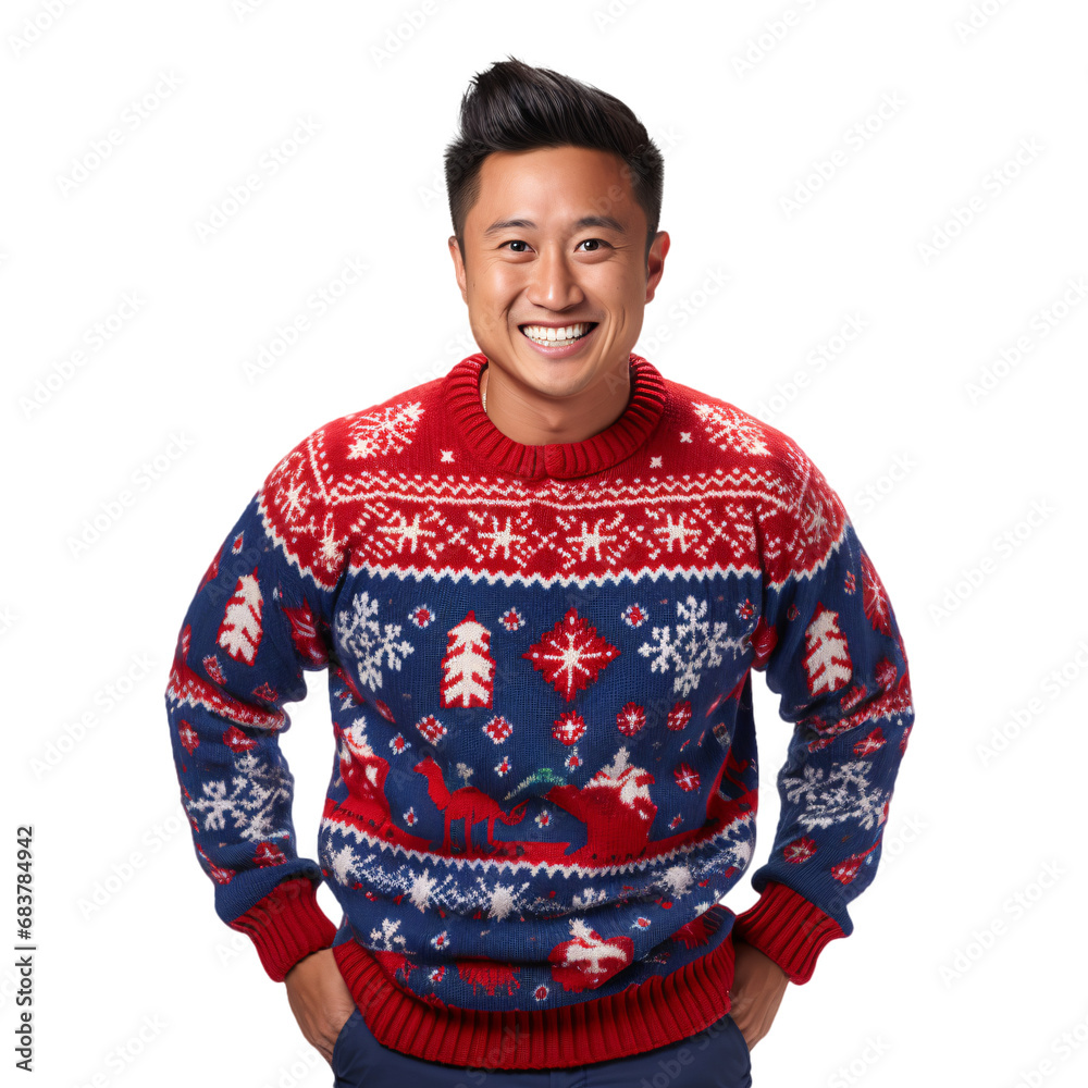 Trendy Christmas Charm: Handsome Asian Guy in Ugly Knitted Christmas Sweater Trendy Christmas Charm: Handsome Asian Guy in Ugly Knitted Christmas Sweater