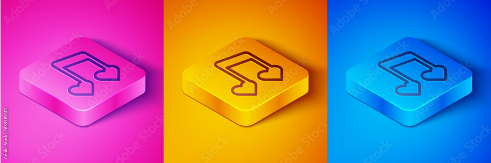 Isometric line Music note, tone with hearts icon isolated on pink and orange, blue background. Happy Valentines day. Square button. Vector Isometric line Music note, tone with hearts icon isolated on pink and orange, blue background. Happy Valentines day. Square button. Vector