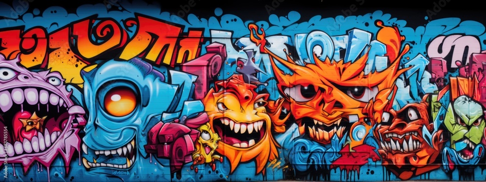 Colorful bright vibrant close up urban wall grafitti with toothy smiles of cute funny monsters art wallpaper background