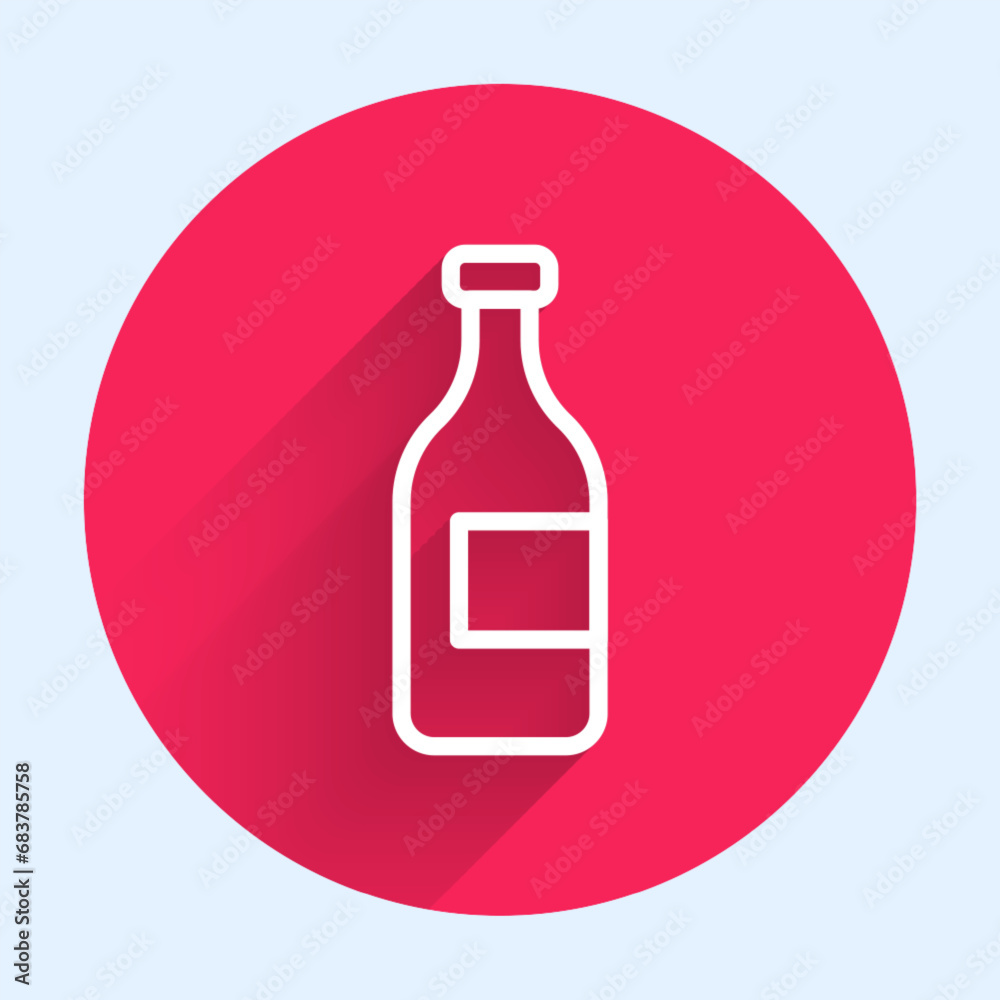 White line Bottle of wine icon isolated with long shadow background. Red circle button. Vector White line Bottle of wine icon isolated with long shadow background. Red circle button. Vector