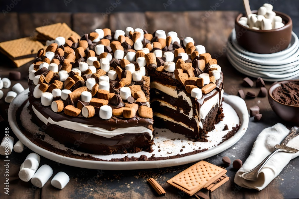 S'mores Brownie Cake, a campfire favorite with marshmallows and rich brownie layers. 