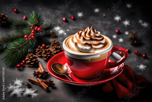 Christmas Cappuccino with whipped cream in red cup against gray background. 