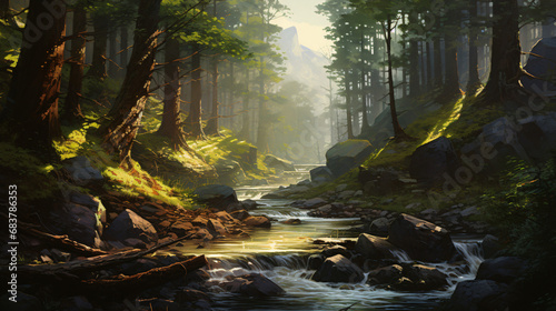A painting of a forest with a river running through