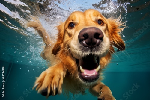 Portrait of a funny face dog swimming in the blue water undersea background. © Virtual Art Studio