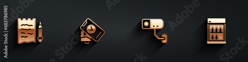 Set Shopping list and pencil, POS terminal, Security camera and Commercial refrigerator icon with long shadow. Vector