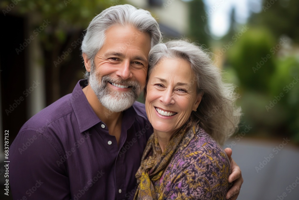 Mature beautiful couple, man and woman, stand hugging and look at the camera