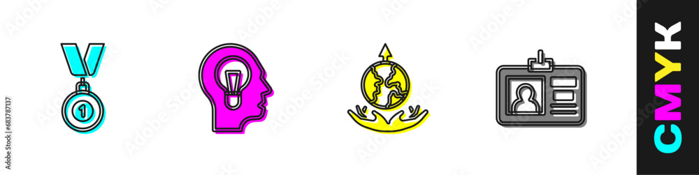 Set Medal, Human with lamp bulb, World expansion and Identification badge icon. Vector Set Medal, Human with lamp bulb, World expansion and Identification badge icon. Vector