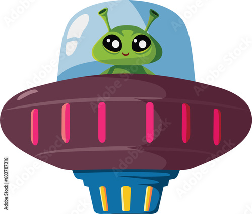 Funny Alien in an UFO Spaceship Vector Cartoon Illustration. Extraterrestrial creature flying in a space craft ship
