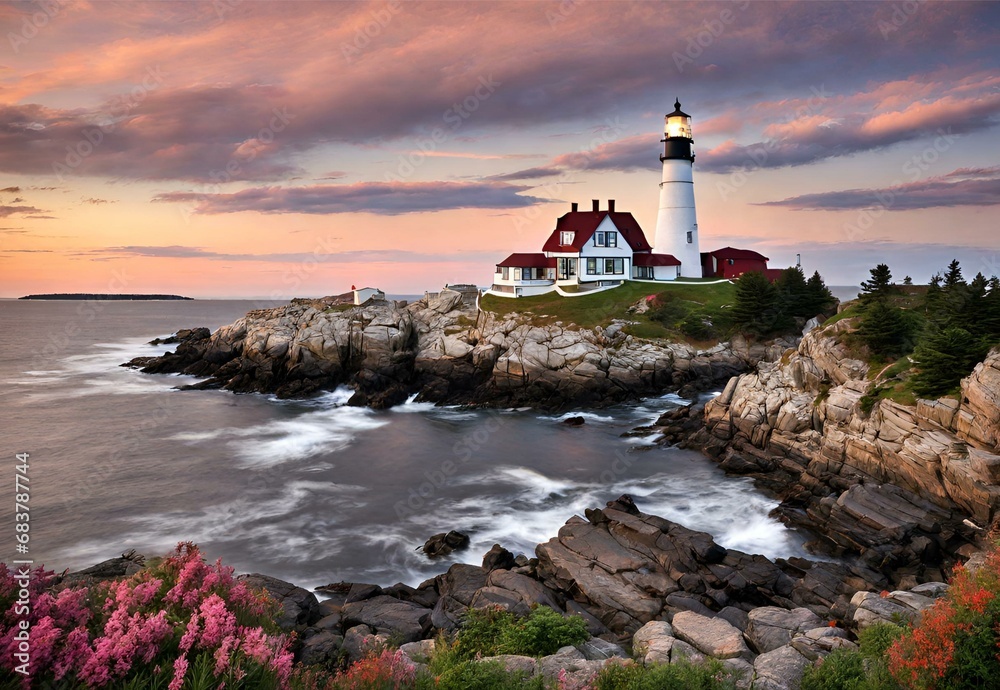 Fototapeta premium Lighthouse Lyric: Maine's Portland Head Light Coastal Harmony.