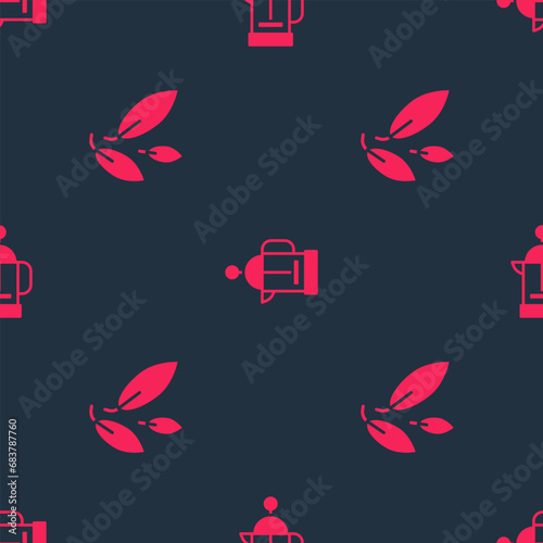 Set Tea leaf and French press on seamless pattern. Vector