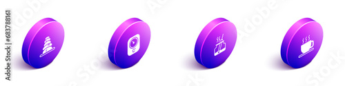 Set Isometric Stack hot stones, Sauna thermometer, Aroma diffuser and Cup of tea icon. Vector