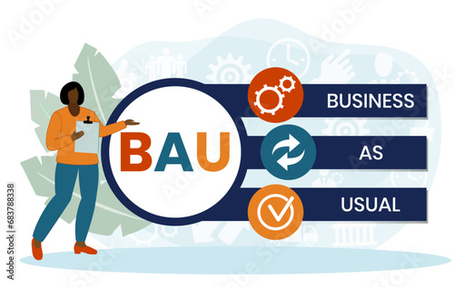 BAU - Business as Usual. business concept background. vector illustration concept with keywords and icons. lettering illustration with icons for web banner, flyer, landing page, presentation