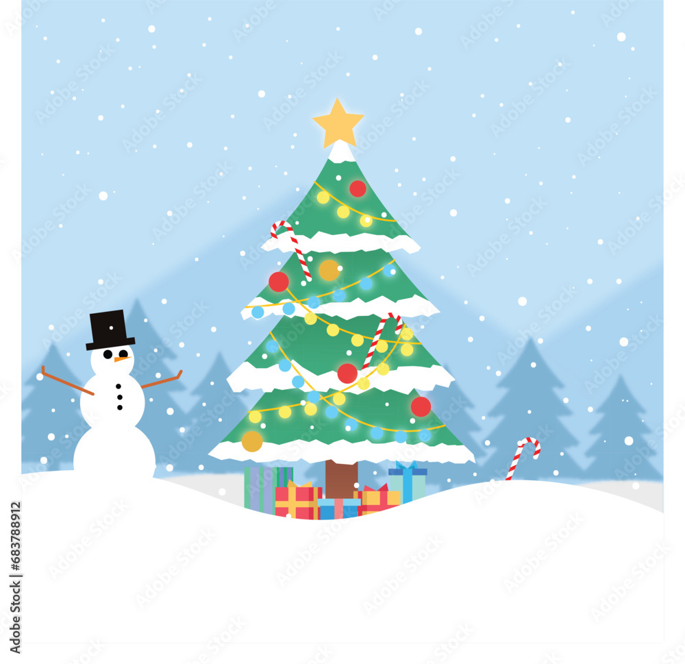 Vector Flat Christmas Tree with Snowman Illustration
