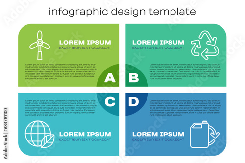 Set line Earth globe and leaf, Wind turbine, Eco fuel canister and Recycle symbol. Business infographic template. Vector