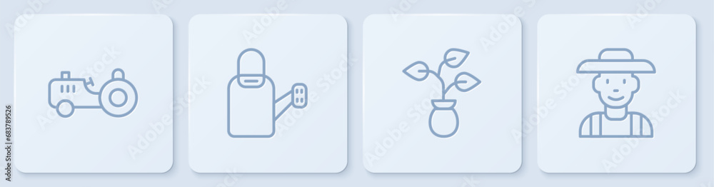 Set line Tractor, Plant, Watering can and Farmer the hat. White square button. Vector Set line Tractor, Plant, Watering can and Farmer the hat. White square button. Vector