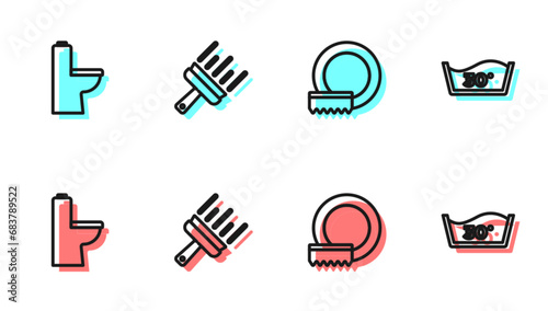 Set line Washing dishes, Toilet bowl, Rubber cleaner for windows and Temperature wash icon. Vector