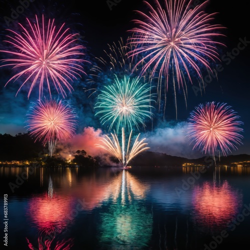Colorful fireworks of various colors over the lake and night sky background