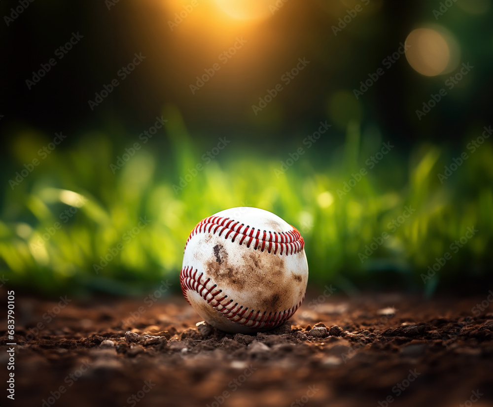 baseball on the ground in the front of grass in sport field