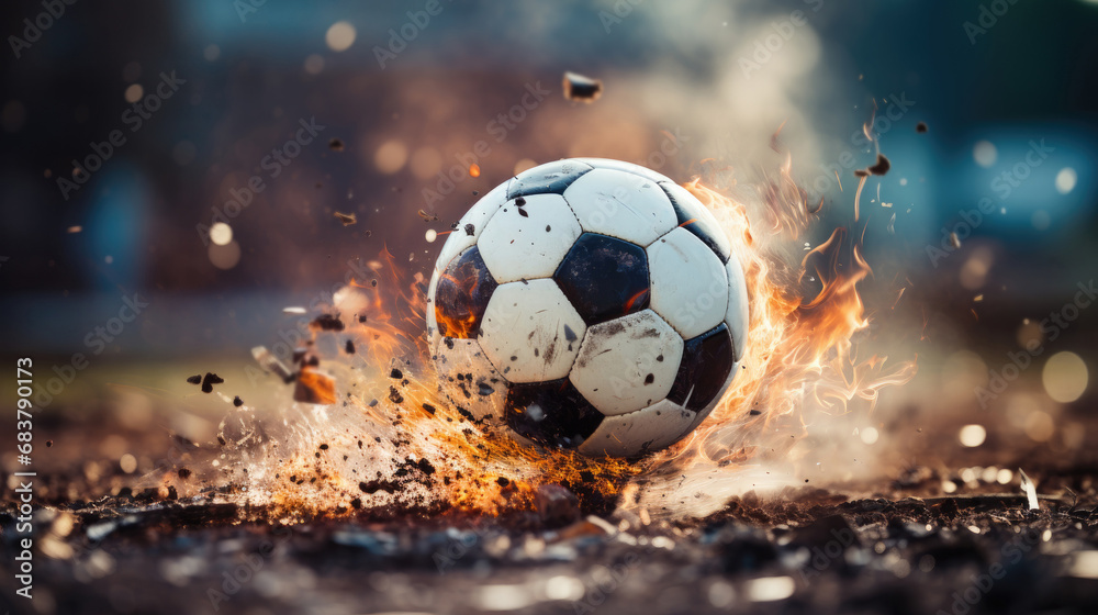 Fototapeta premium Flying Soccer football splash of mud and water on the ground