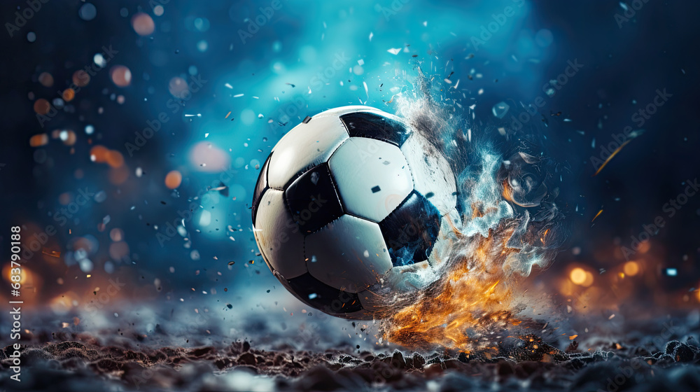 Fototapeta premium Flying Soccer football splash of mud and fire on the ground