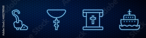 Set line Flag with christian cross, Magic staff, Christian on chain and Ark of noah. Glowing neon icon on brick wall. Vector