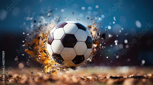 Flying Soccer football splash of mud and fire on the ground