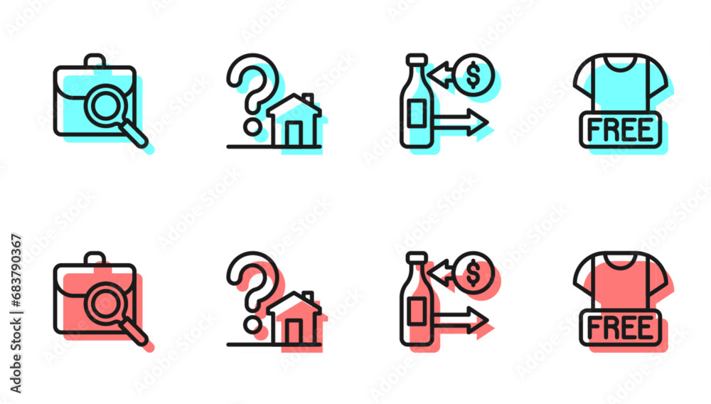 Set line Reception of glass bottles, Work search, House with question mark and Clothes donation icon. Vector Set line Reception of glass bottles, Work search, House with question mark and Clothes donation icon. Vector