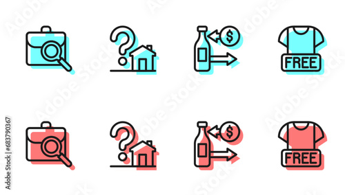 Set line Reception of glass bottles, Work search, House with question mark and Clothes donation icon. Vector